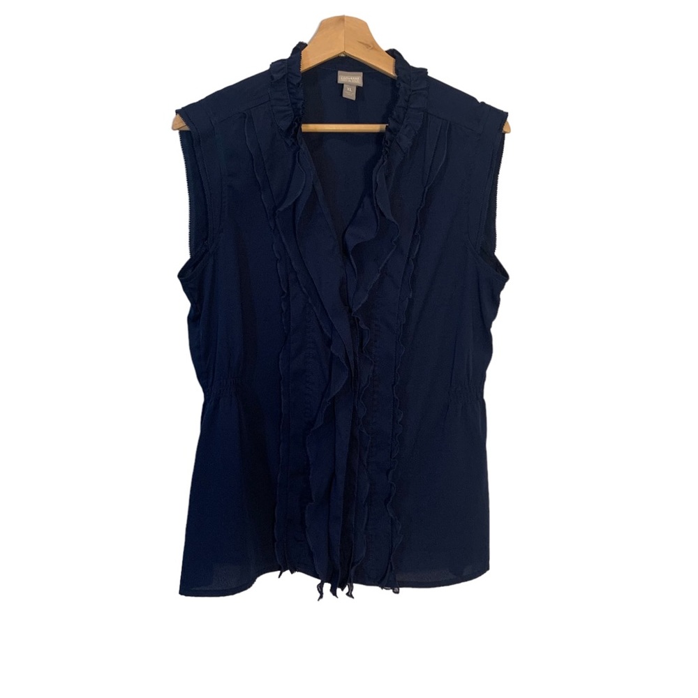 Converse One Star Sleeveless Button Up Navy Blouse with Ruffles Women's …